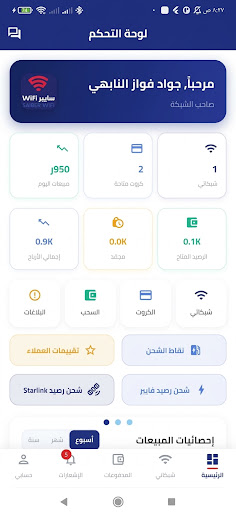 الرئيسية في تطبيق سايبر WiFi — ملخص المبيعات والكروت والأرباح